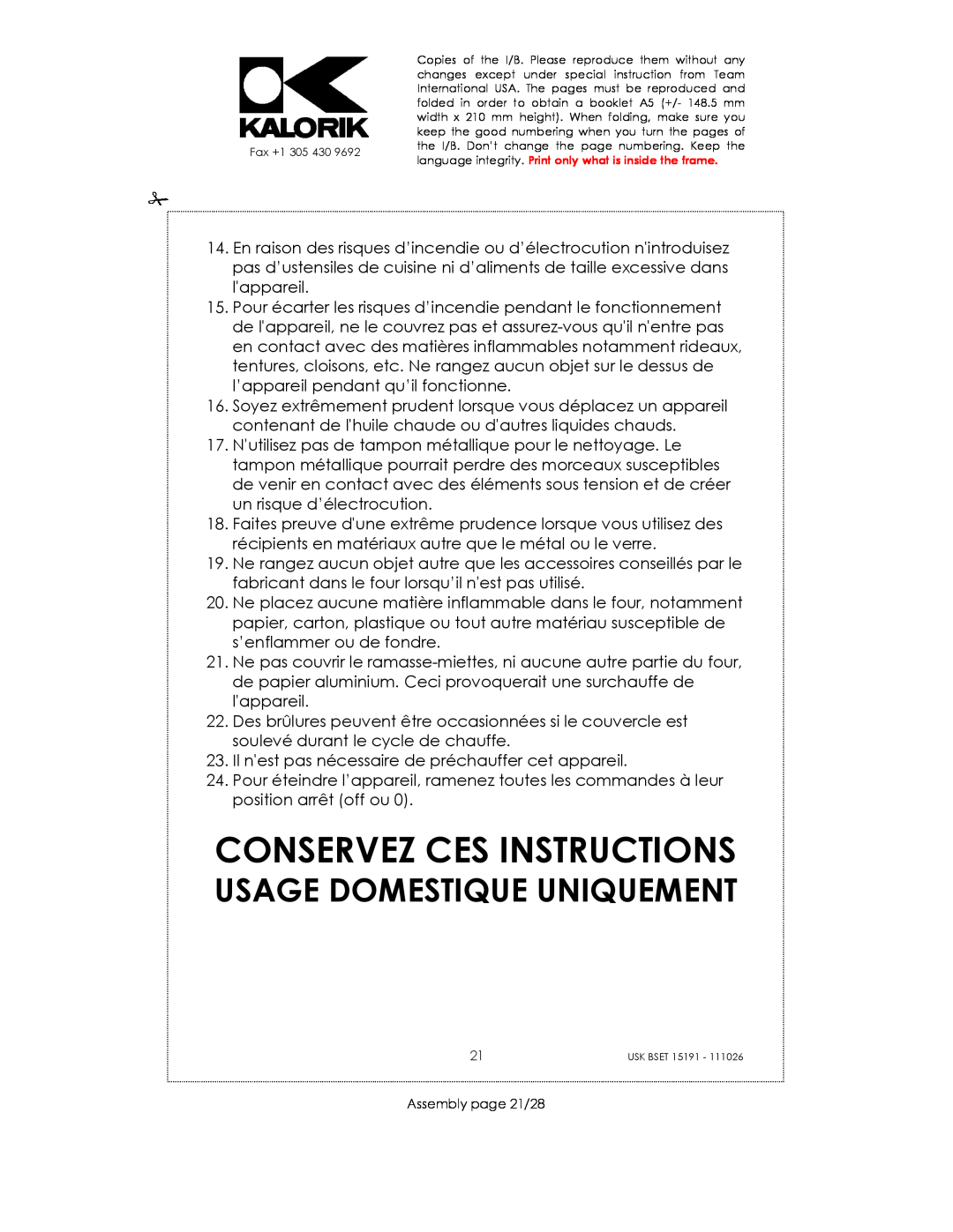 Kalorik USK BSET 15191 manual Conservez Ces Instructions, Usage Domestique Uniquement 