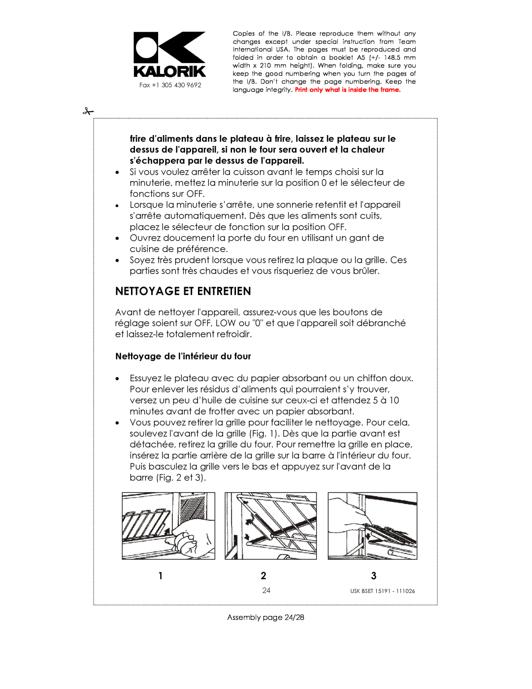 Kalorik USK BSET 15191 manual Nettoyage Et Entretien, Nettoyage de l’intérieur du four 