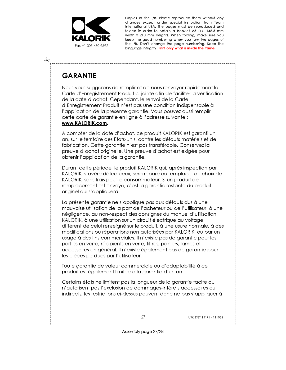 Kalorik USK BSET 15191 manual Garantie, Assembly page 27/28 