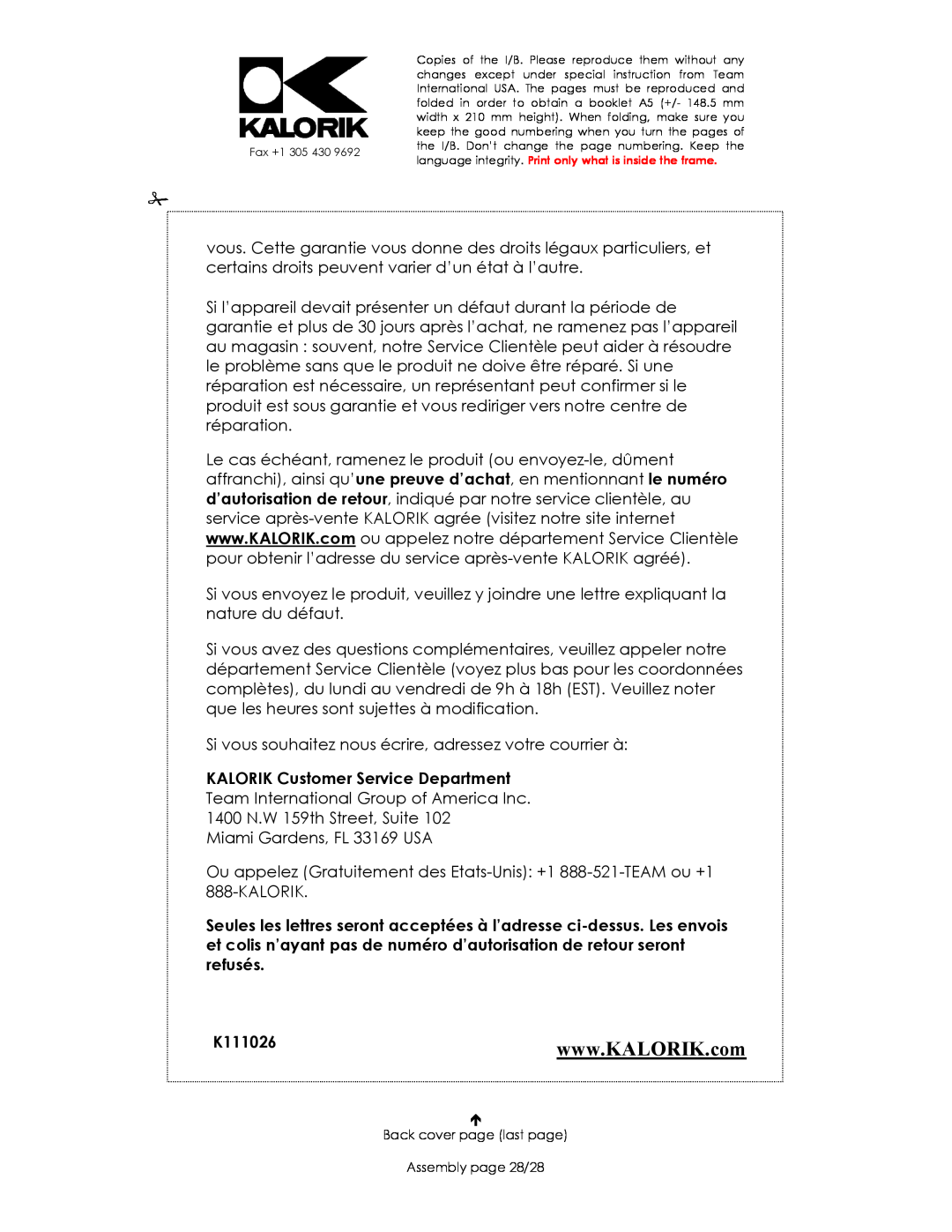 Kalorik USK BSET 15191 manual K111026, KALORIK Customer Service Department 