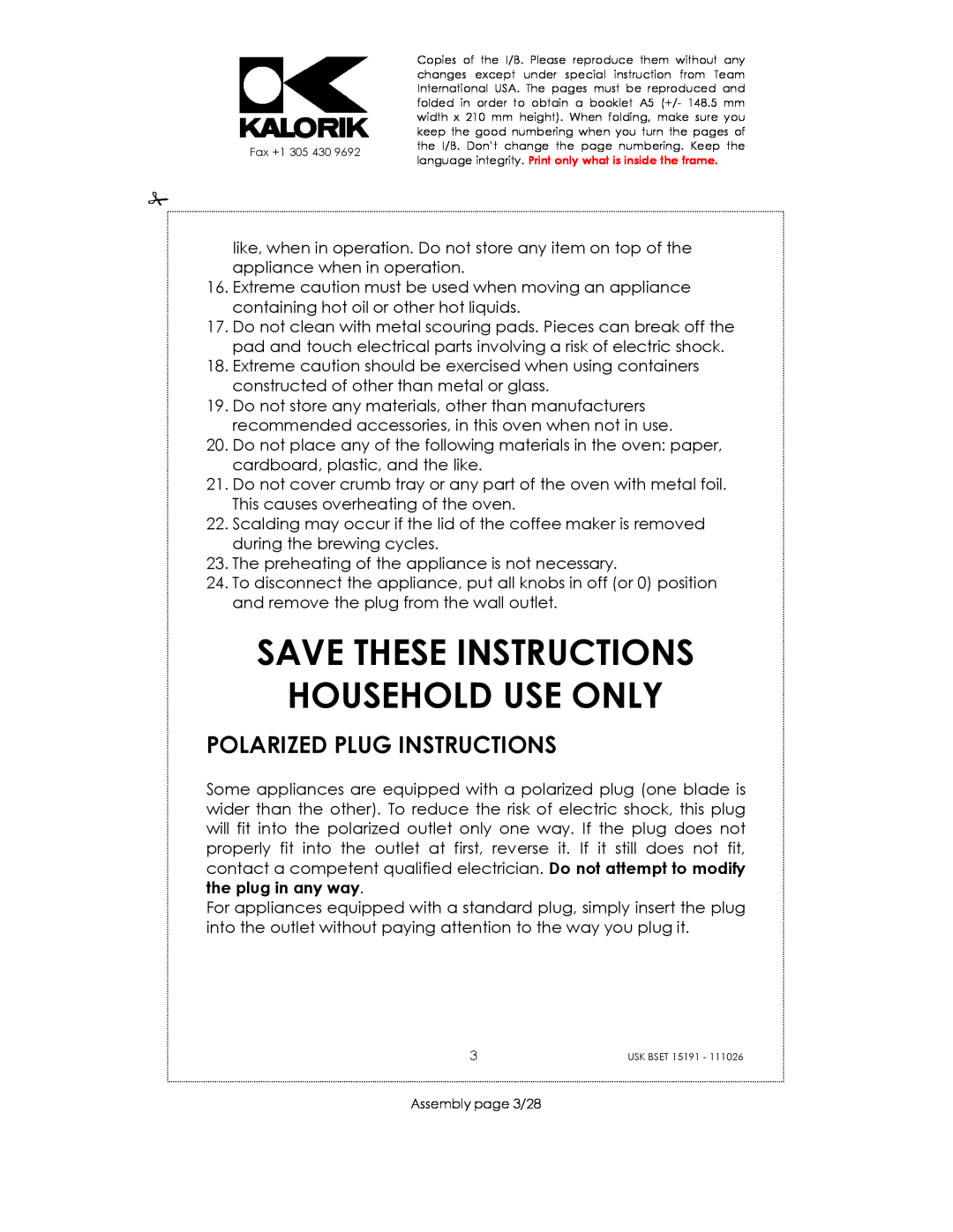 Kalorik USK BSET 15191 manual Save These Instructions Household Use Only, Polarized Plug Instructions 
