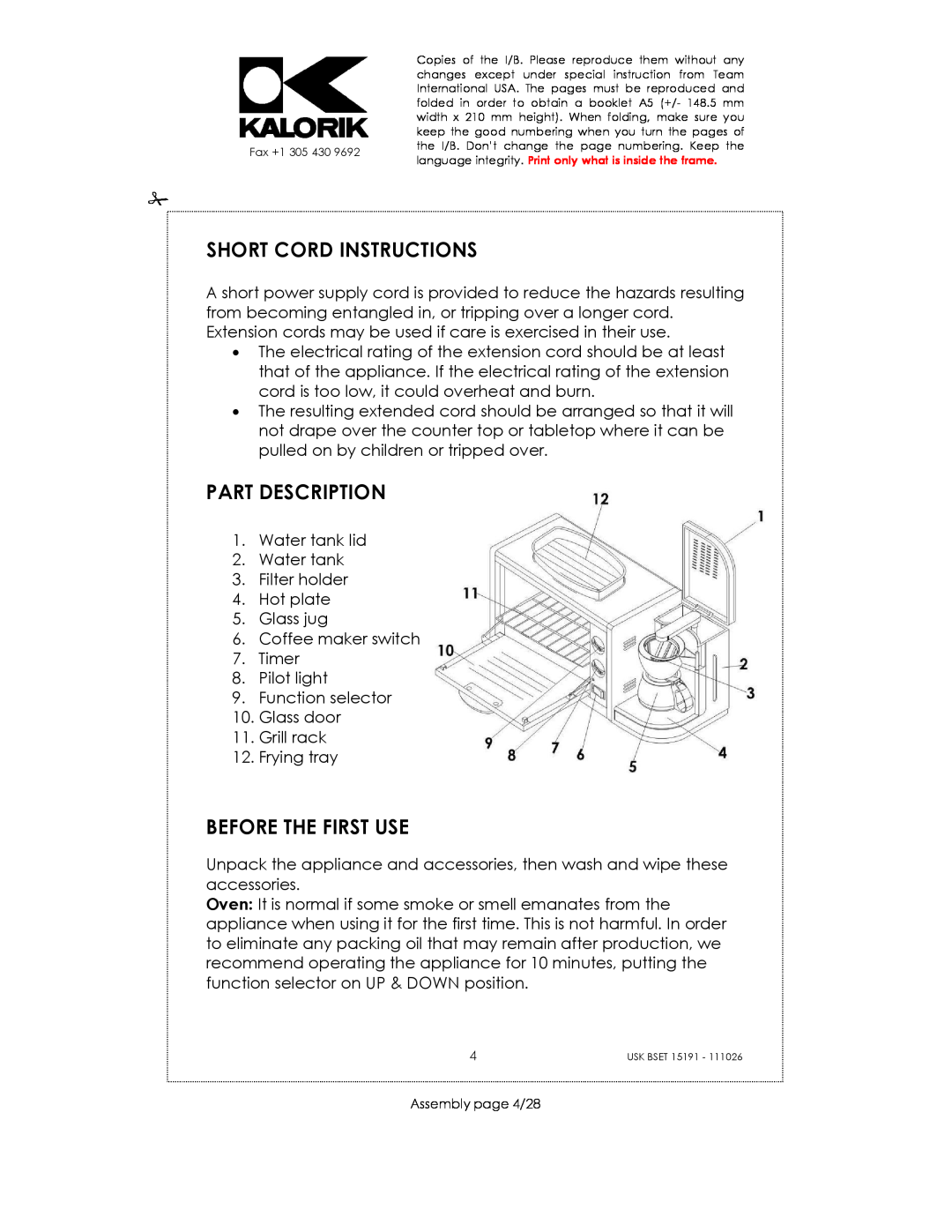 Kalorik USK BSET 15191 manual Short Cord Instructions, Part Description, Before The First Use 