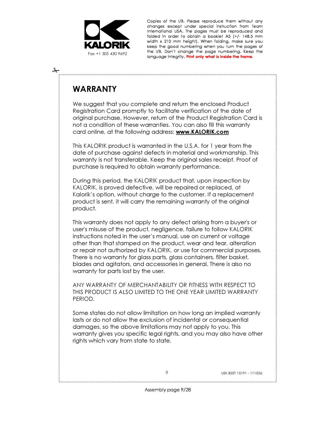 Kalorik USK BSET 15191 manual Warranty, Assembly page 9/28 