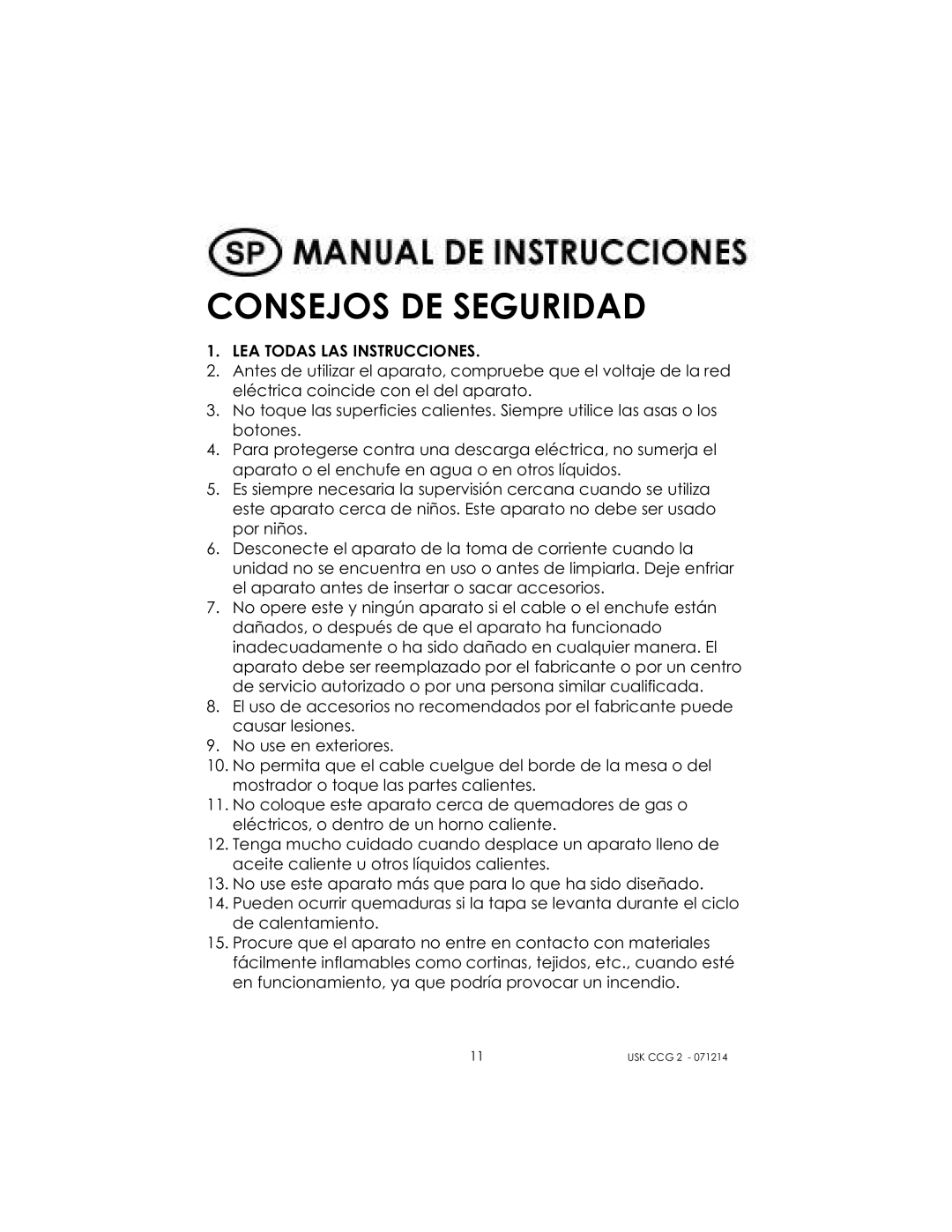 Kalorik USK CCG 2 manual Consejos DE Seguridad 