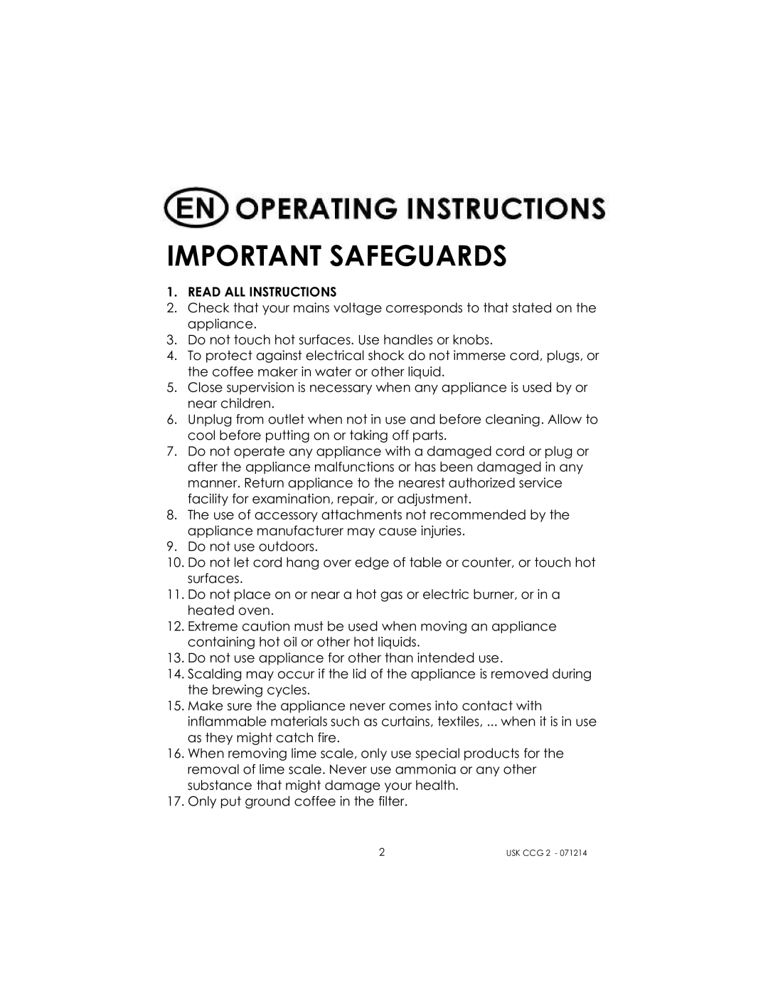 Kalorik USK CCG 2 manual Important Safeguards 