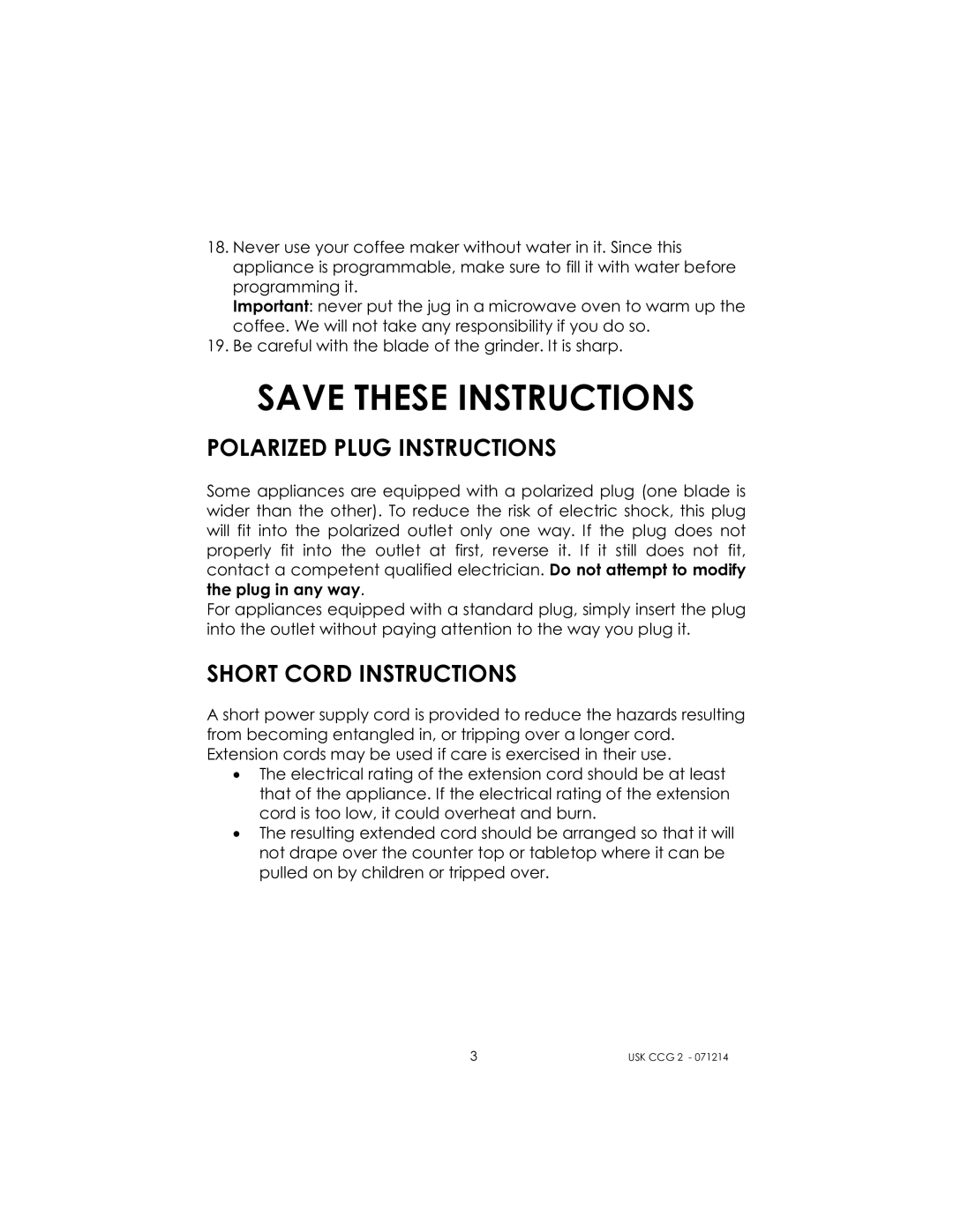 Kalorik USK CCG 2 manual Polarized Plug Instructions, Short Cord Instructions 