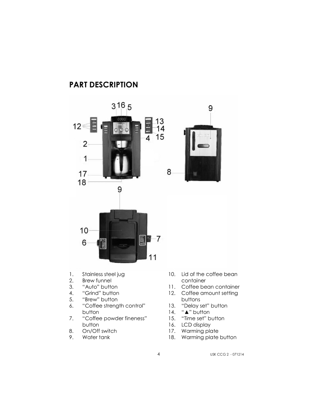 Kalorik USK CCG 2 manual Part Description 