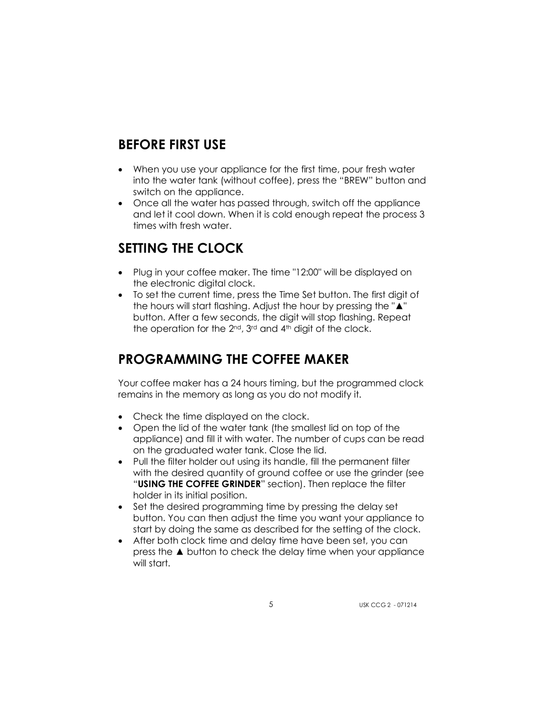 Kalorik USK CCG 2 manual Before First USE, Setting the Clock, Programming the Coffee Maker 