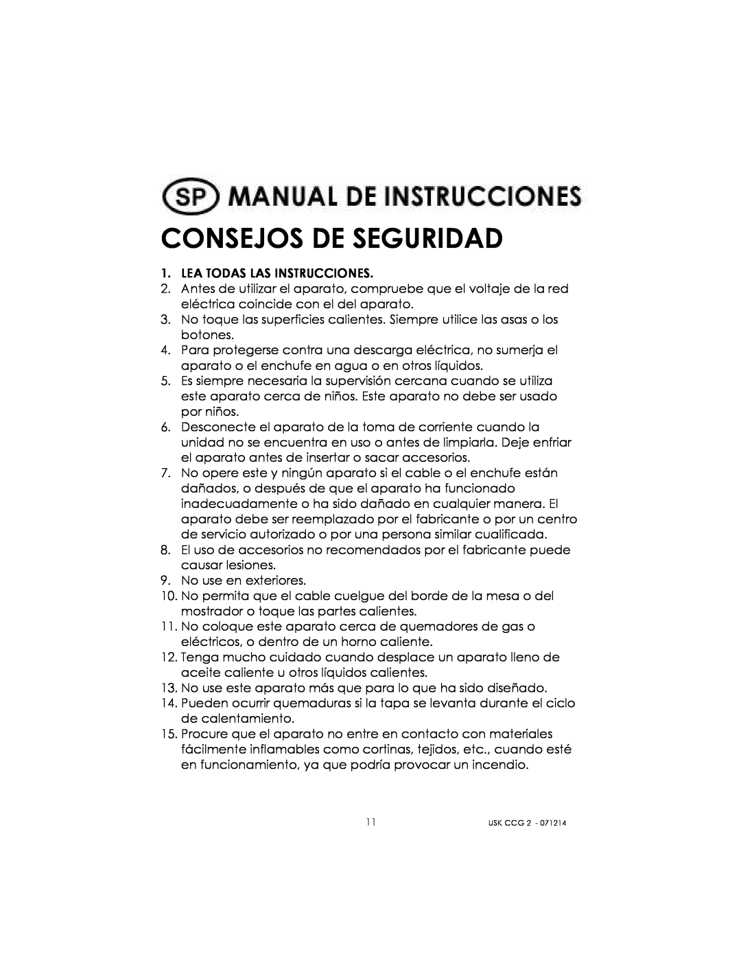 Kalorik USK CCG 2 manual Consejos De Seguridad 