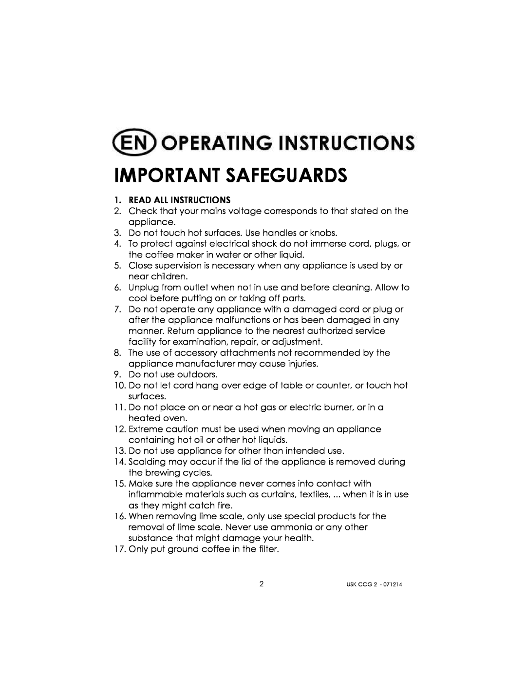 Kalorik USK CCG 2 manual Important Safeguards 
