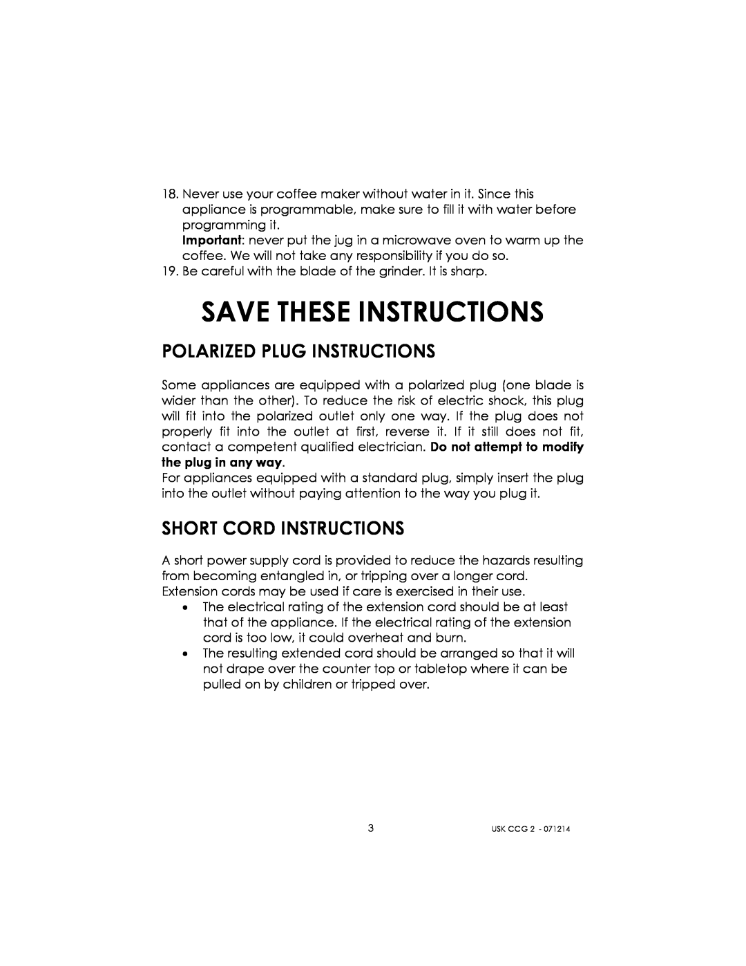 Kalorik USK CCG 2 manual Save These Instructions, Polarized Plug Instructions, Short Cord Instructions 