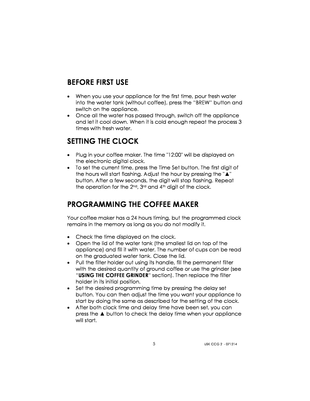 Kalorik USK CCG 2 manual Before First Use, Setting The Clock, Programming The Coffee Maker 