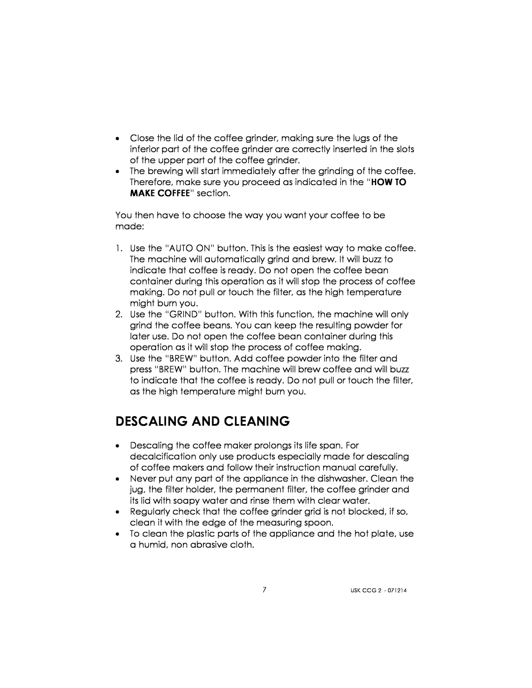 Kalorik USK CCG 2 manual Descaling And Cleaning 