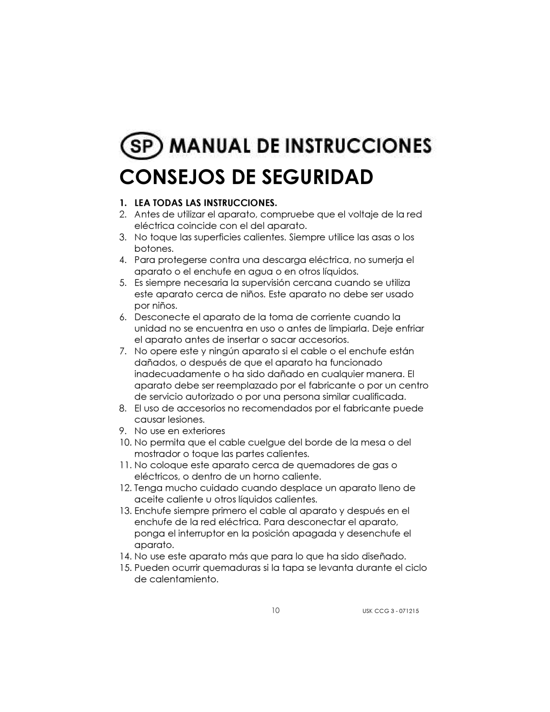 Kalorik USK CCG 3 manual Consejos DE Seguridad 