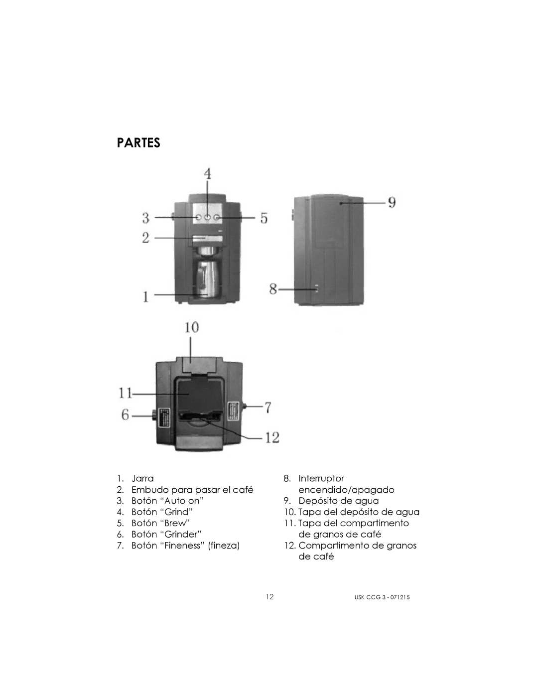 Kalorik USK CCG 3 manual Partes 