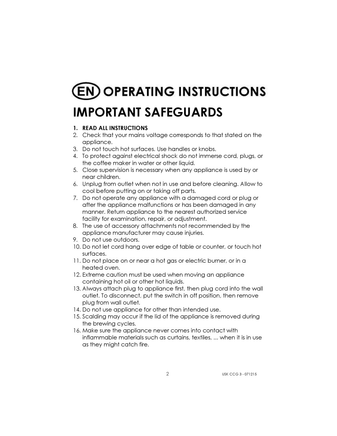 Kalorik USK CCG 3 manual Important Safeguards 