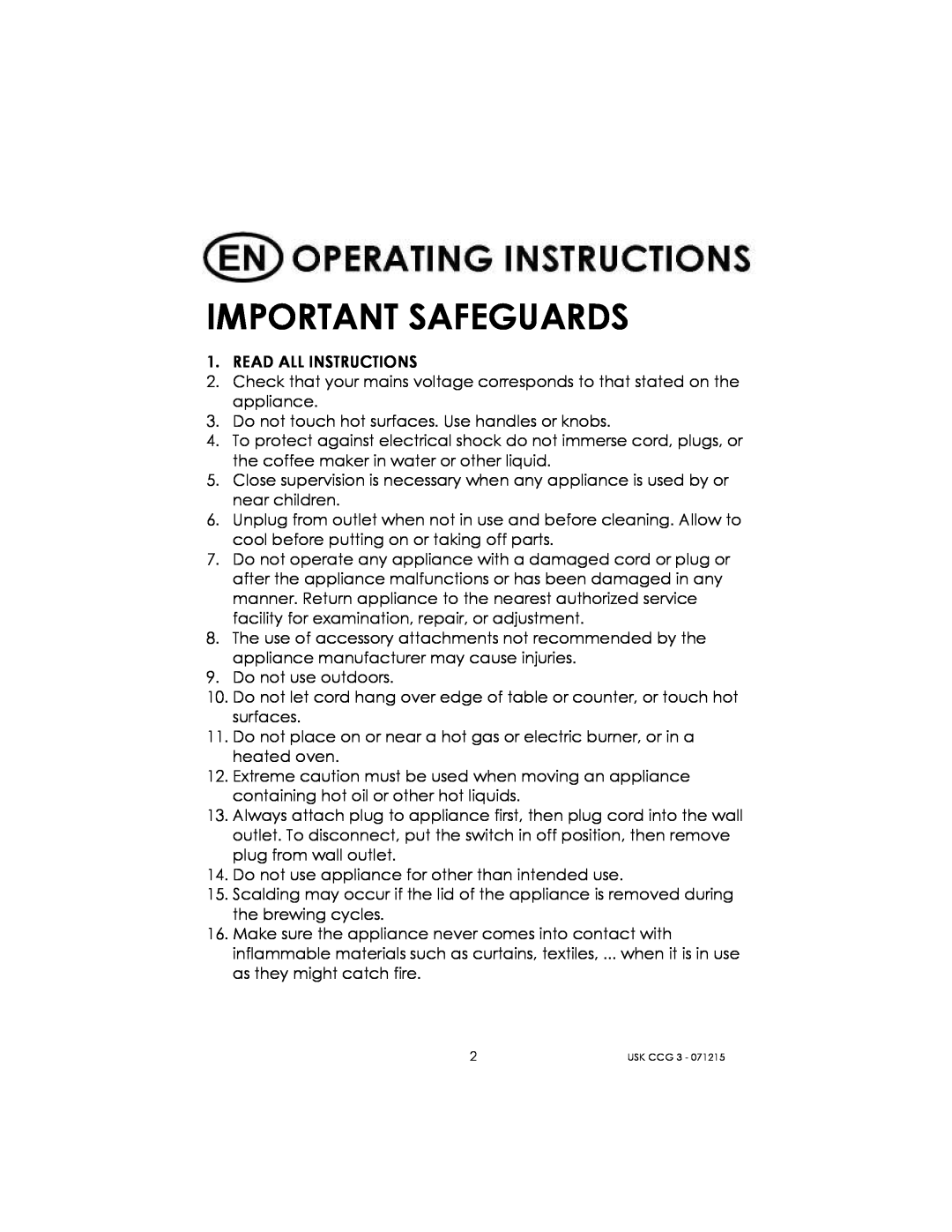 Kalorik USK CCG 3 manual Important Safeguards 