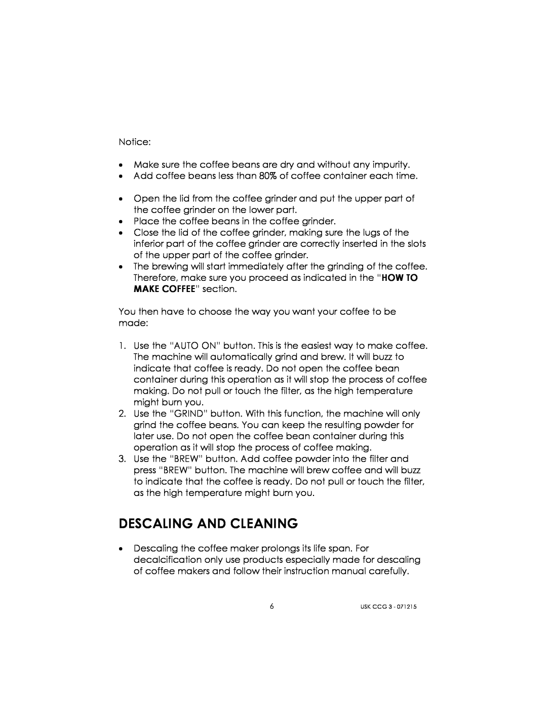 Kalorik USK CCG 3 manual Descaling And Cleaning 