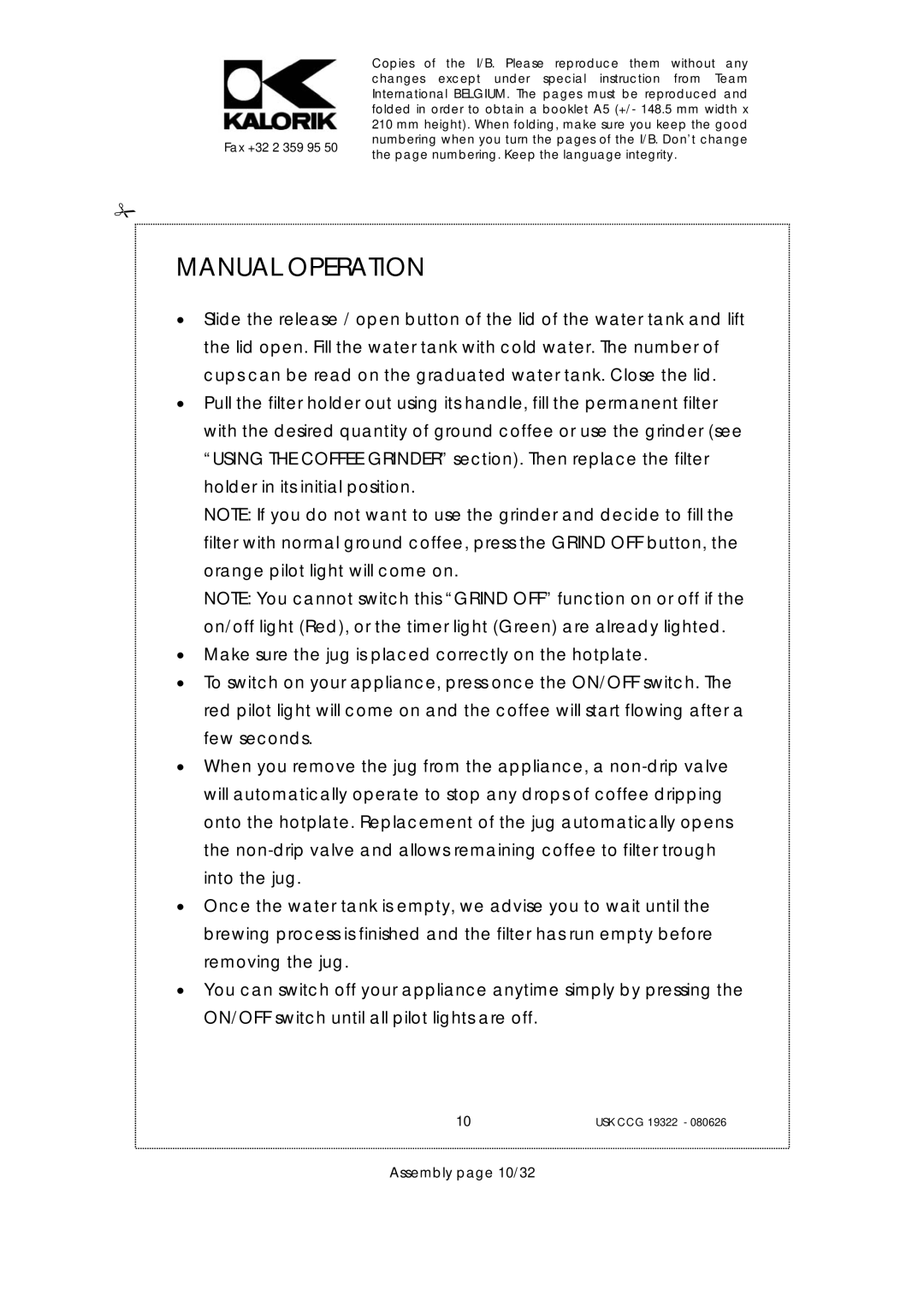 Kalorik USK CCG080626, USK CCG 19322 manual Manual Operation, Assembly page 10/32 