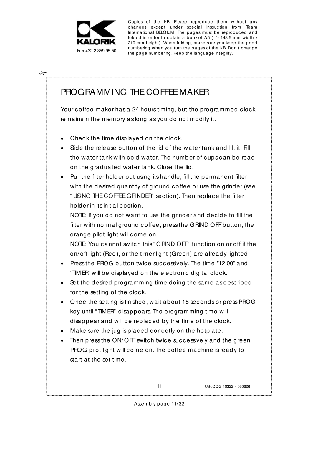 Kalorik USK CCG 19322, USK CCG080626 manual Programming the Coffee Maker, Assembly page 11/32 