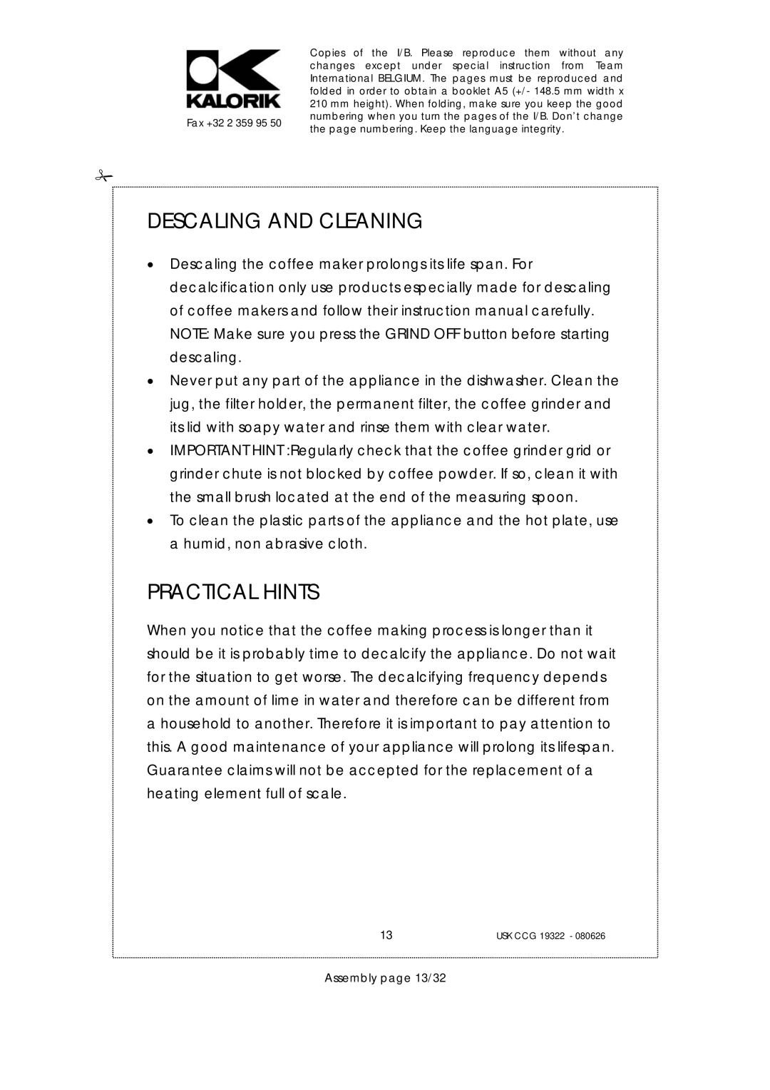 Kalorik USK CCG 19322, USK CCG080626 manual Descaling and Cleaning, Practical Hints, Assembly page 13/32 