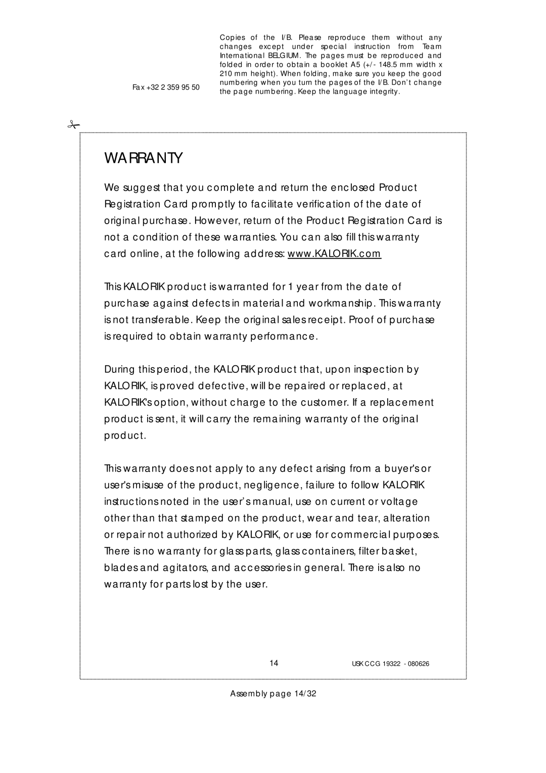 Kalorik USK CCG080626, USK CCG 19322 manual Warranty, Assembly page 14/32 