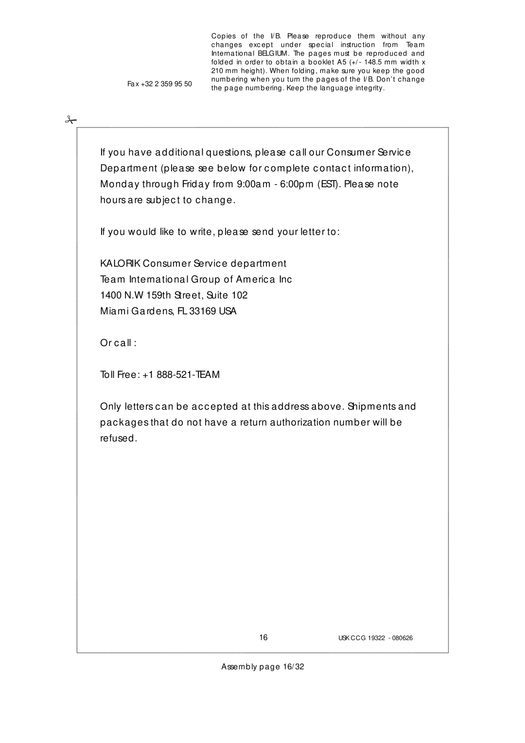 Kalorik USK CCG080626, USK CCG 19322 manual Kalorik Consumer Service department, Assembly page 16/32 