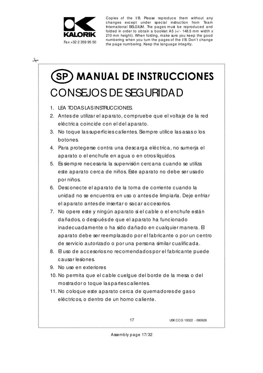 Kalorik USK CCG 19322, USK CCG080626 manual Consejos DE Seguridad, Assembly page 17/32 