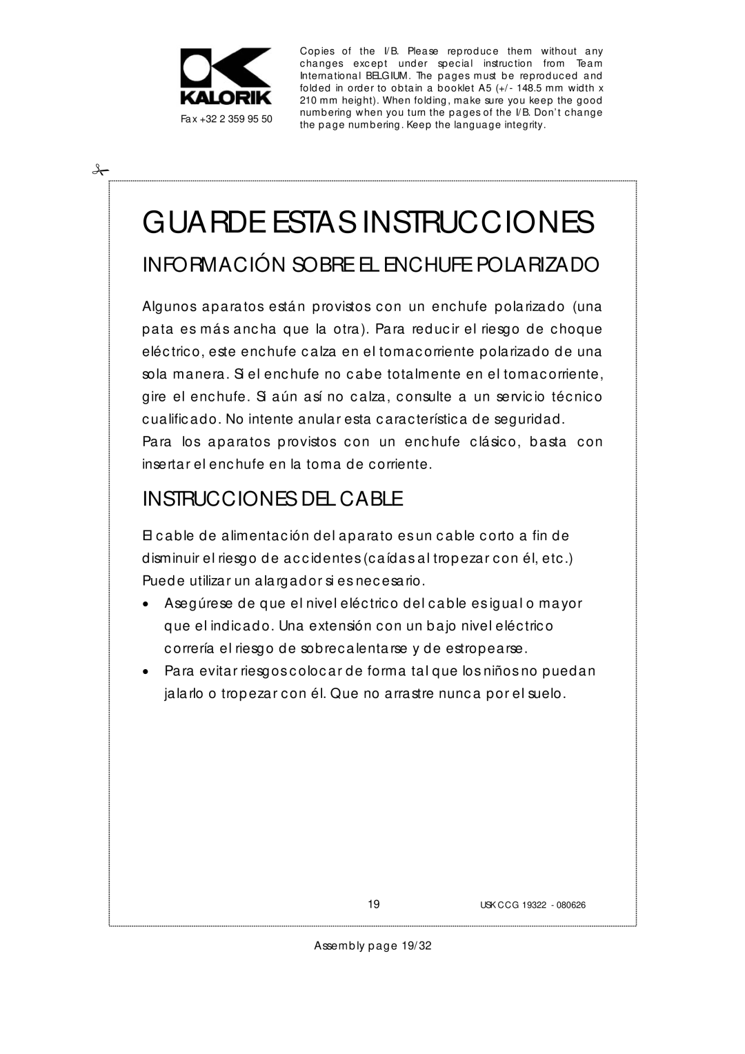 Kalorik USK CCG 19322, USK CCG080626 Información Sobre EL Enchufe Polarizado, Instrucciones DEL Cable, Assembly page 19/32 