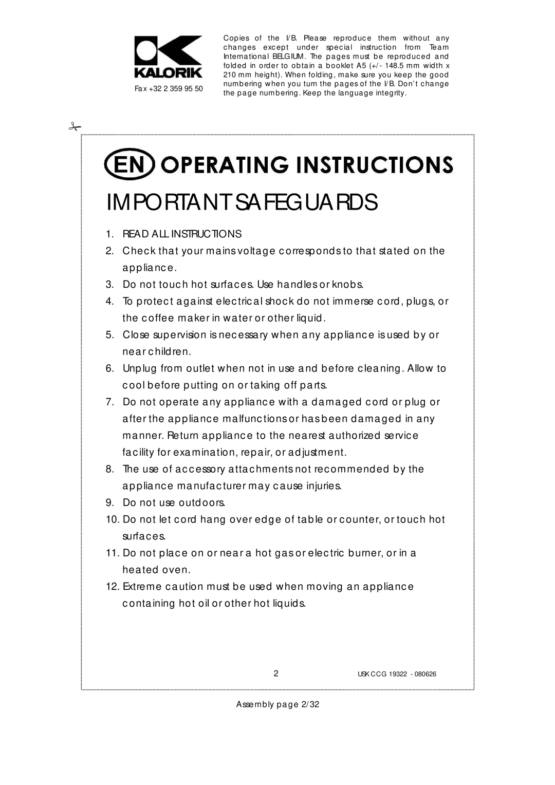 Kalorik USK CCG080626, USK CCG 19322 manual Important Safeguards, Assembly page 2/32 