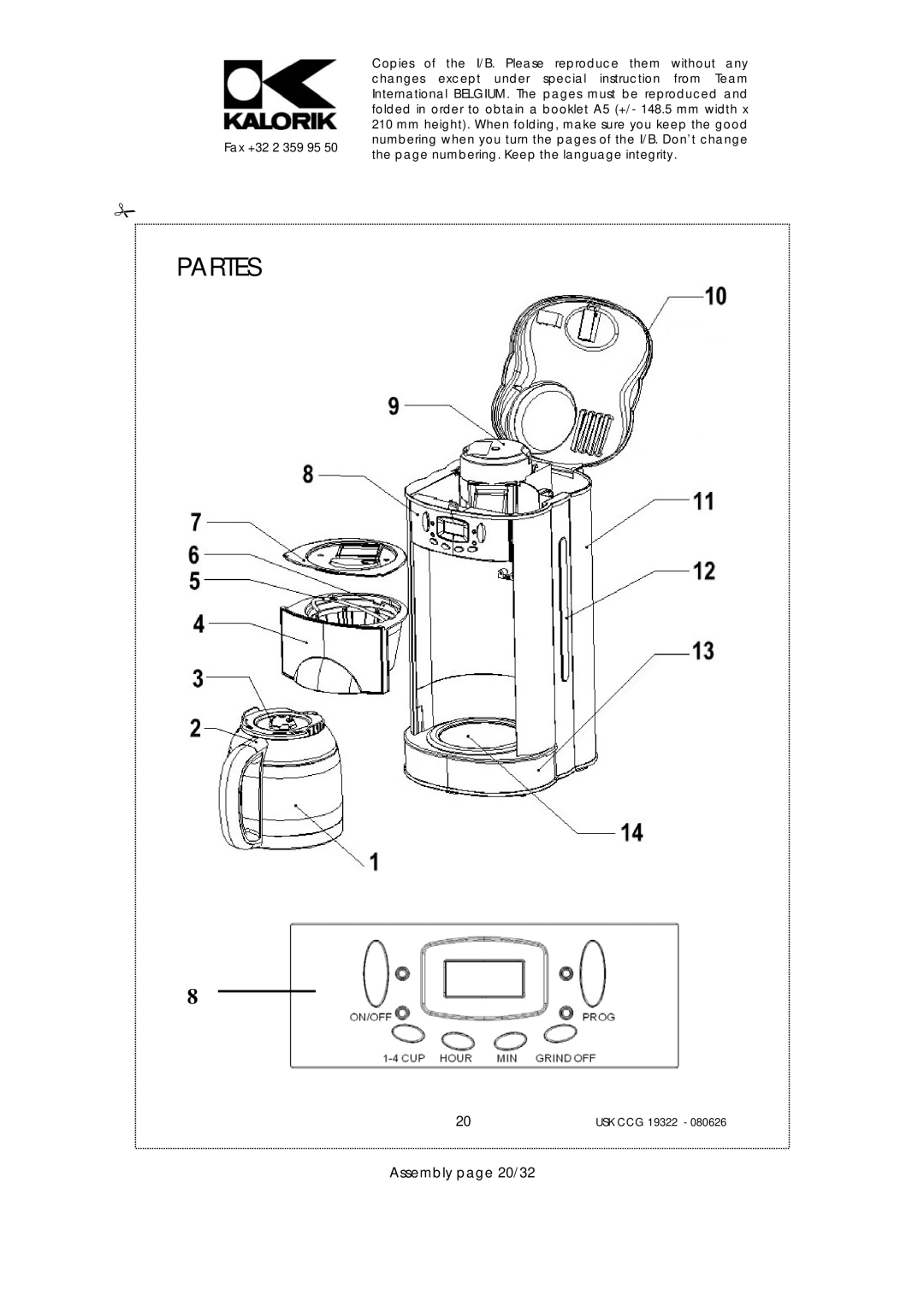 Kalorik USK CCG080626, USK CCG 19322 manual Partes, Assembly page 20/32 