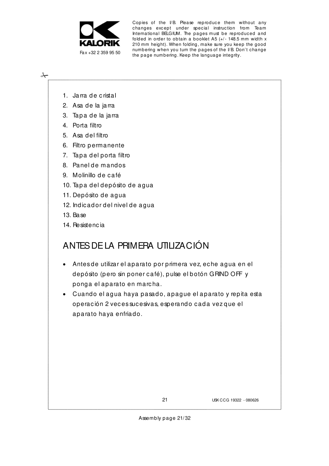 Kalorik USK CCG 19322, USK CCG080626 manual Antes DE LA Primera Utilización, Assembly page 21/32 