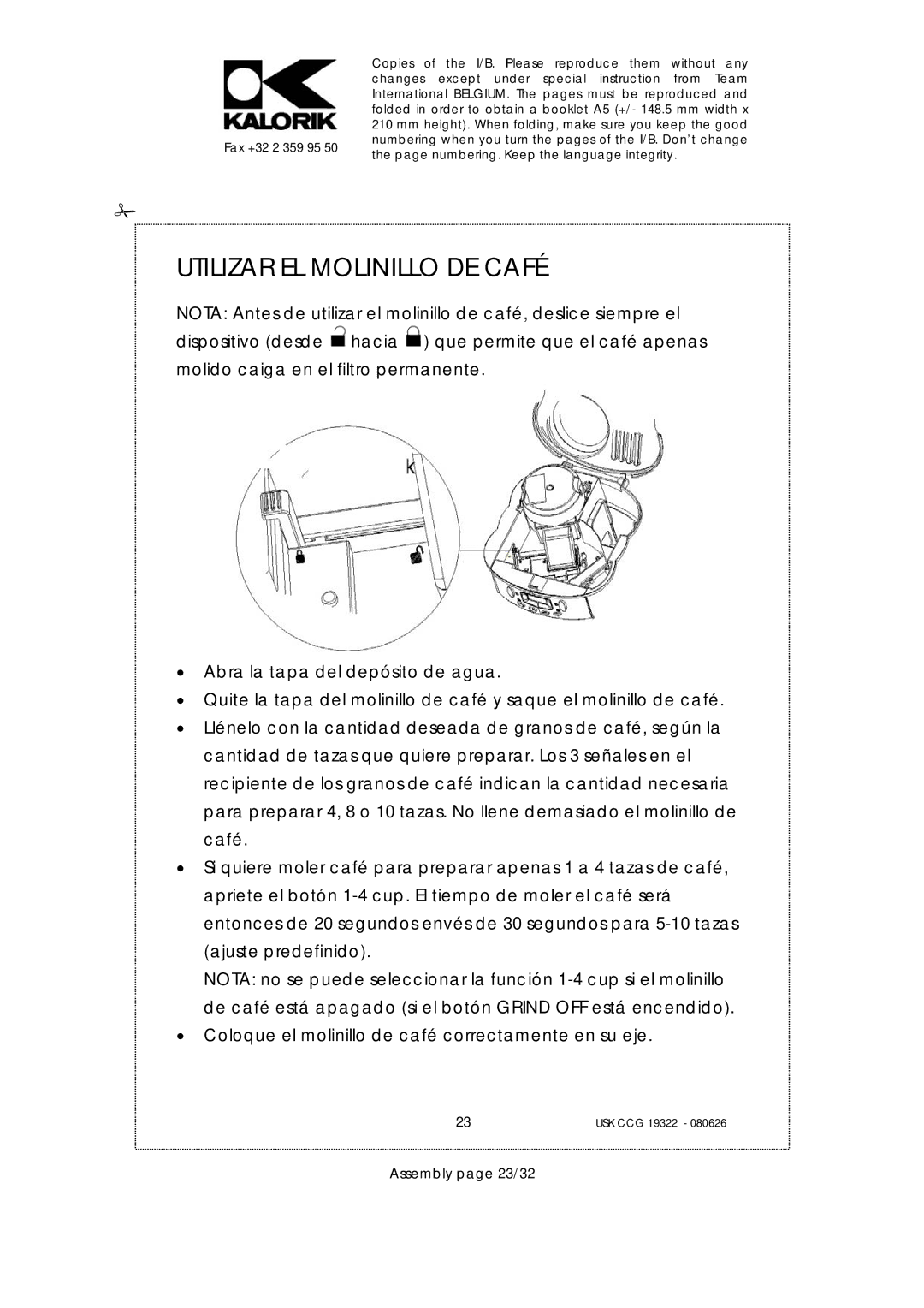 Kalorik USK CCG 19322, USK CCG080626 manual Utilizar EL Molinillo DE Café, Assembly page 23/32 