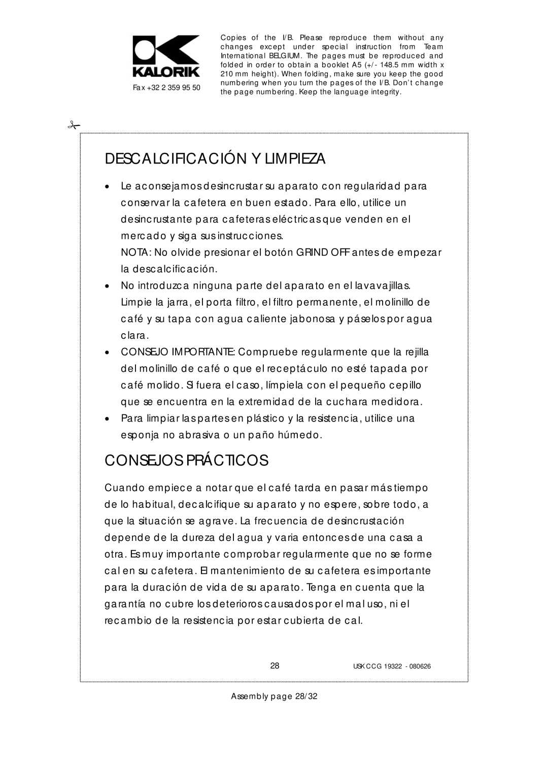 Kalorik USK CCG080626, USK CCG 19322 manual Descalcificación Y Limpieza, Consejos Prácticos, Assembly page 28/32 