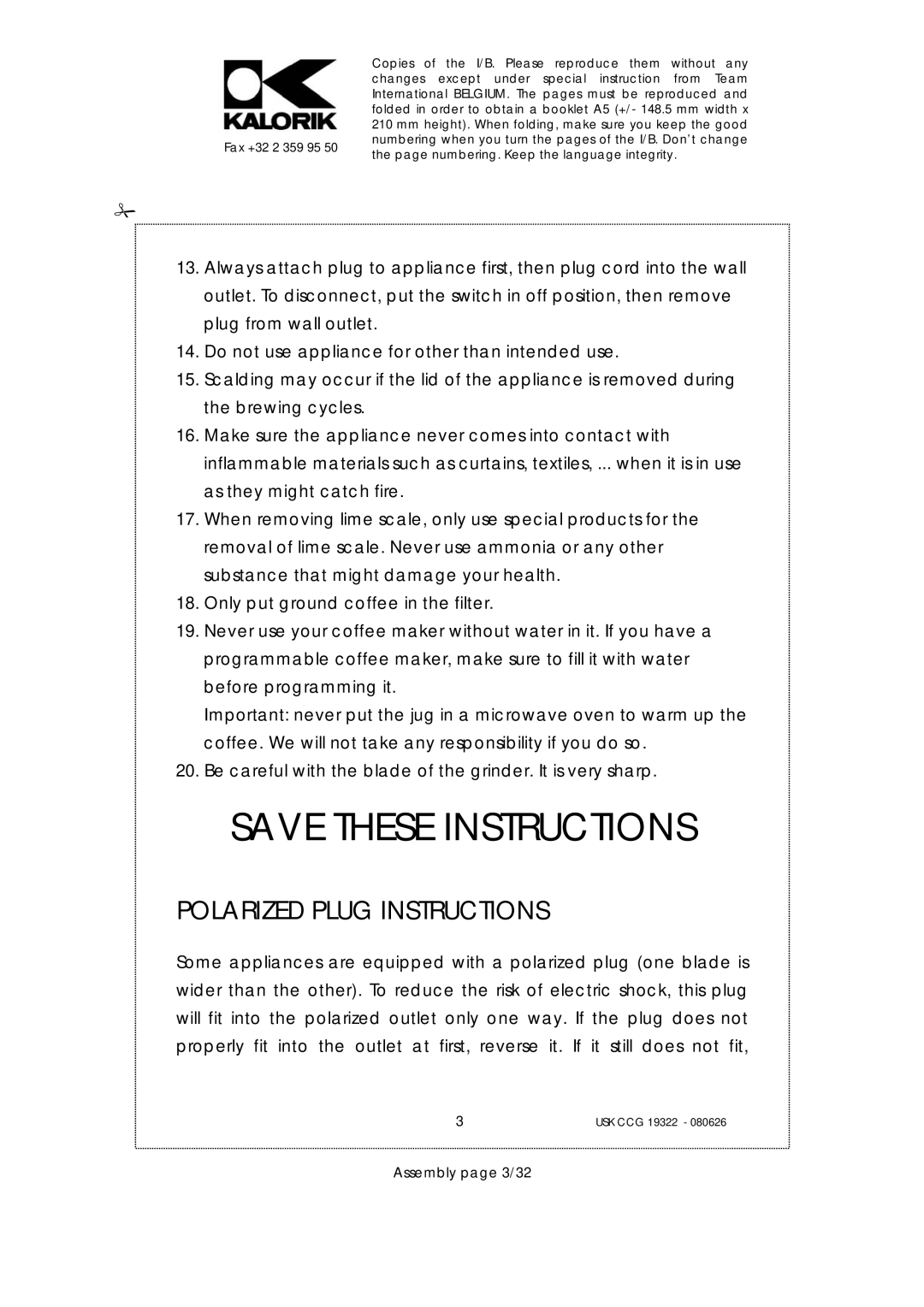 Kalorik USK CCG 19322, USK CCG080626 manual Polarized Plug Instructions, Assembly page 3/32 