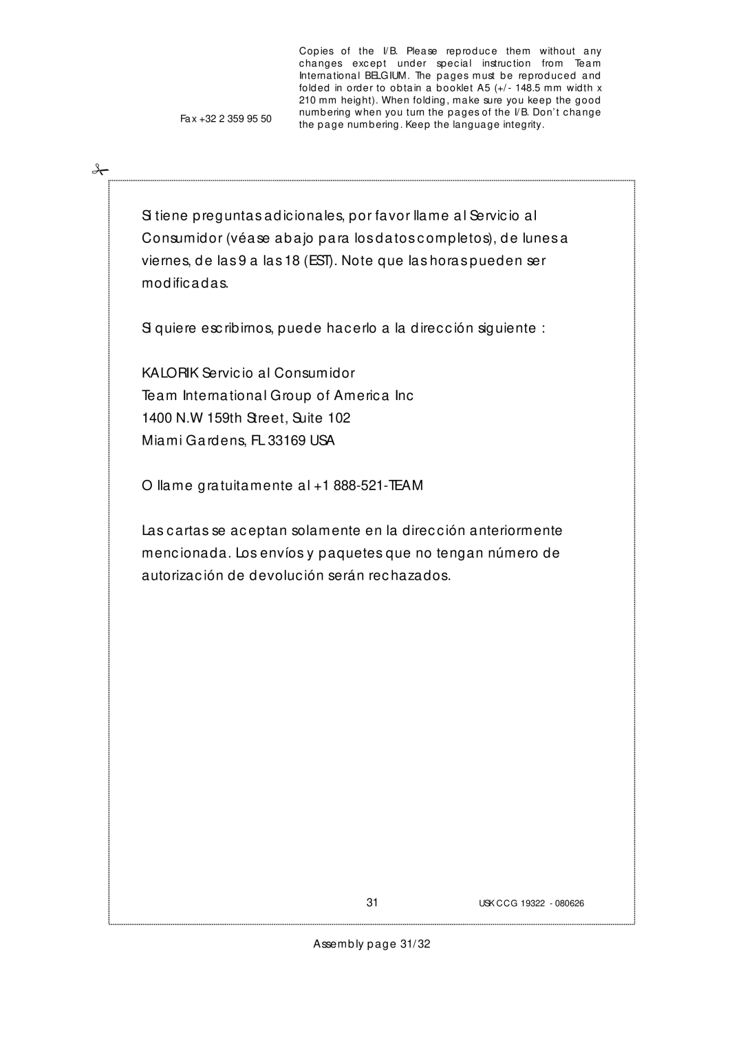 Kalorik USK CCG 19322, USK CCG080626 manual Kalorik Servicio al Consumidor, Assembly page 31/32 