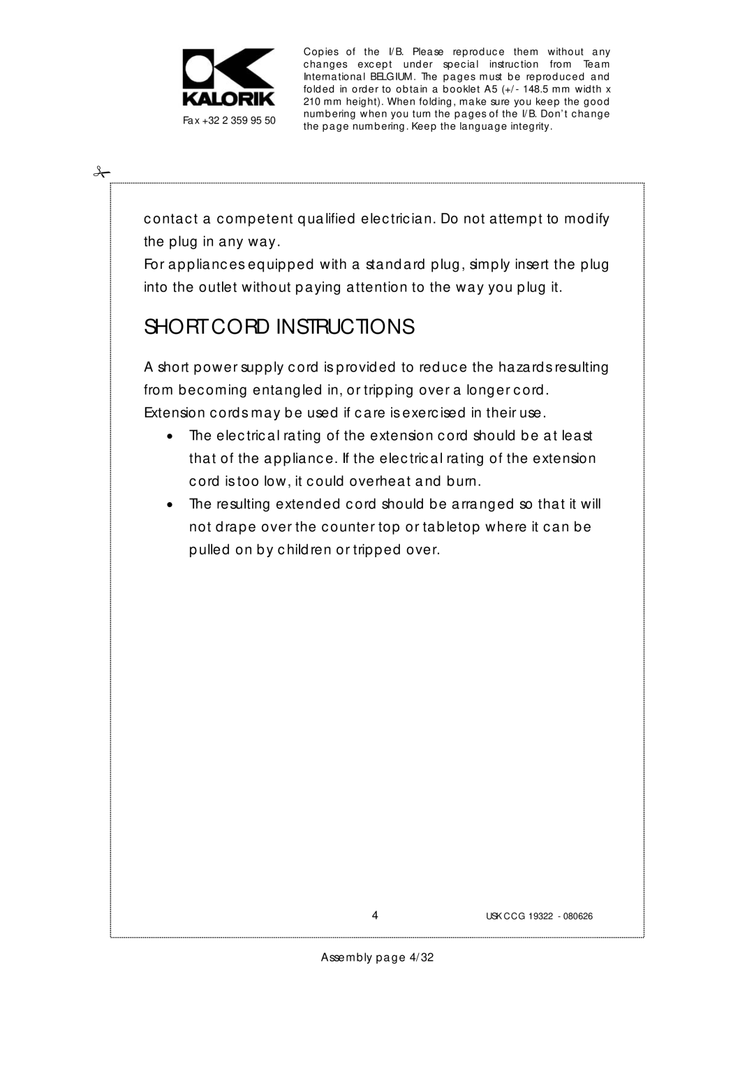 Kalorik USK CCG080626, USK CCG 19322 manual Short Cord Instructions, Assembly page 4/32 