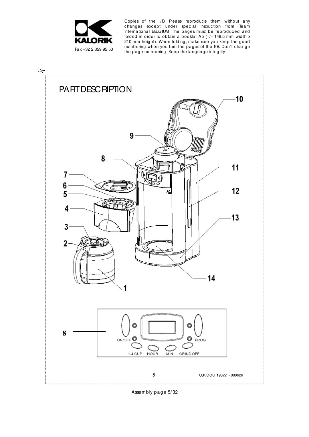 Kalorik USK CCG 19322, USK CCG080626 manual Part Description, Assembly page 5/32 