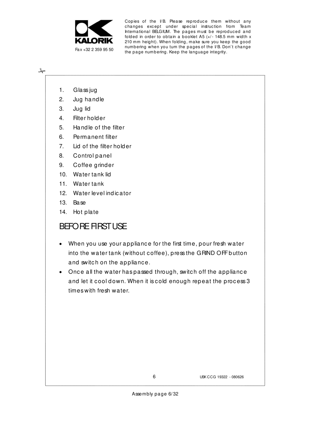 Kalorik USK CCG080626, USK CCG 19322 manual Before First USE, Assembly page 6/32 