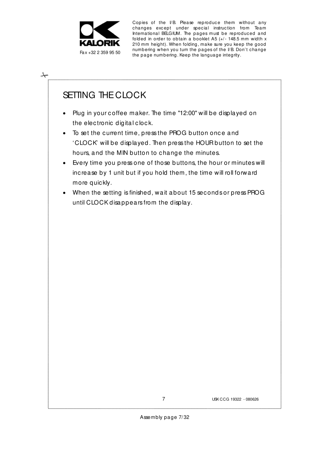 Kalorik USK CCG 19322, USK CCG080626 manual Setting the Clock, Assembly page 7/32 