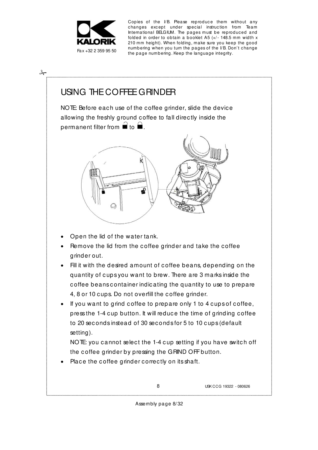 Kalorik USK CCG080626, USK CCG 19322 manual Using the Coffee Grinder, Assembly page 8/32 