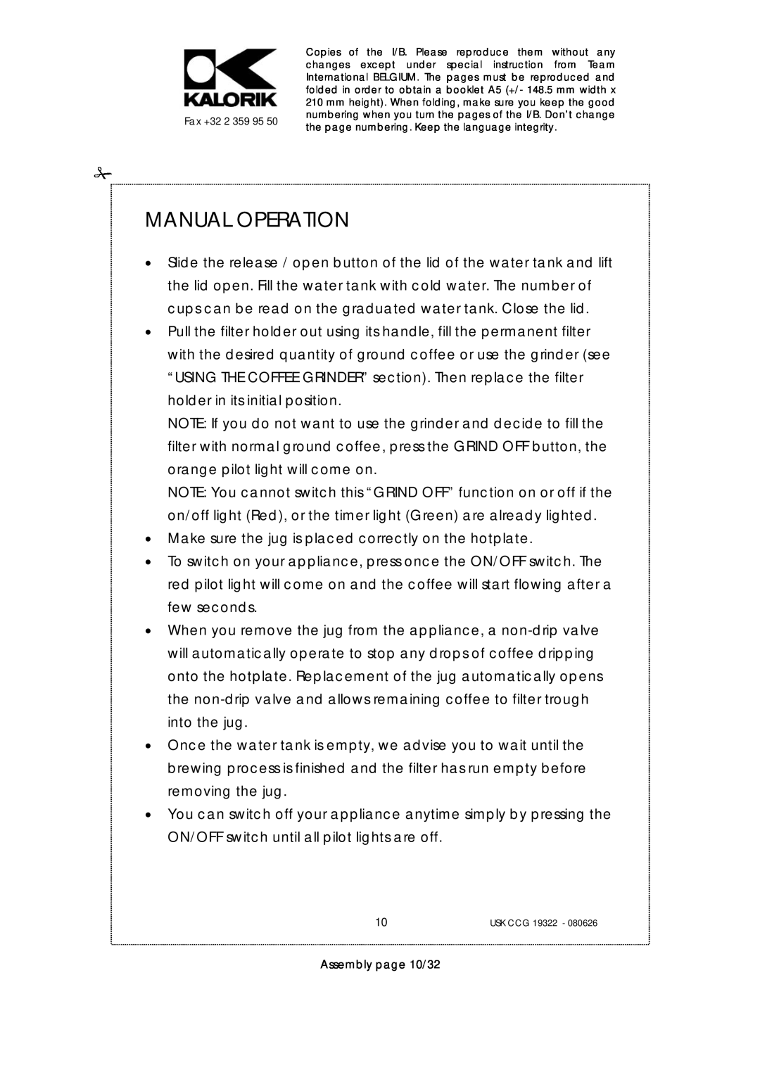 Kalorik USK CCG080626, USK CCG 19322 manual Manual Operation, Assembly page 10/32 
