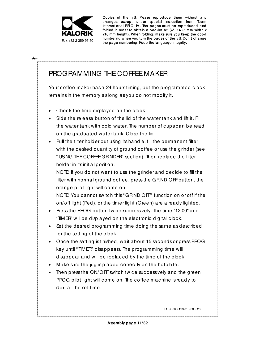Kalorik USK CCG 19322, USK CCG080626 manual Programming The Coffee Maker 