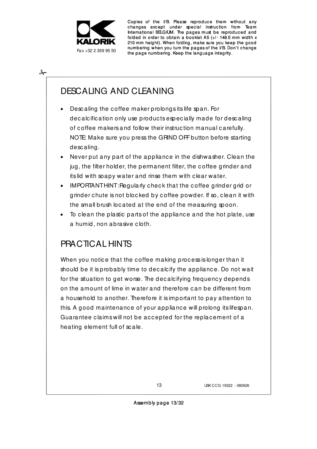 Kalorik USK CCG 19322, USK CCG080626 manual Descaling And Cleaning, Practical Hints, Assembly page 13/32 