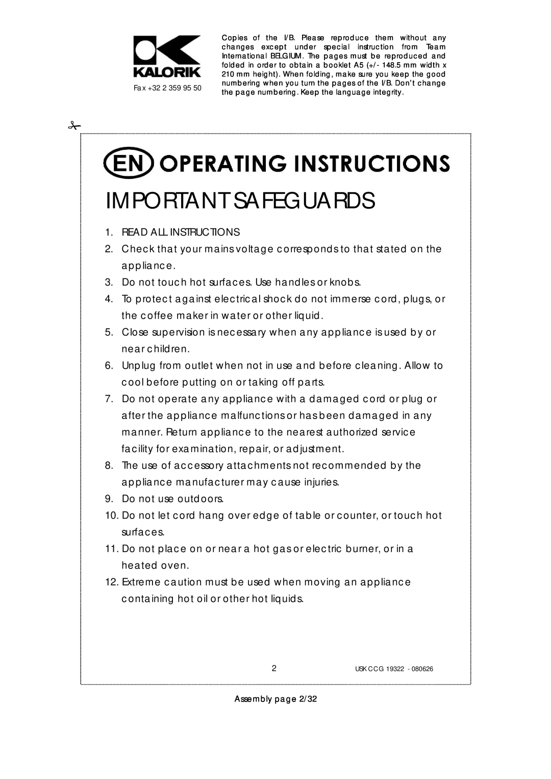 Kalorik USK CCG080626, USK CCG 19322 manual Important Safeguards, Read All Instructions 