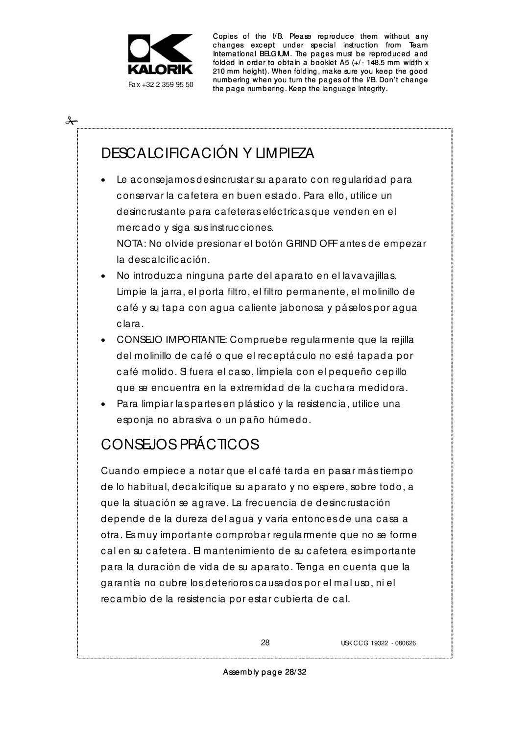 Kalorik USK CCG080626, USK CCG 19322 manual Descalcificación Y Limpieza, Consejos Prácticos, Assembly page 28/32 