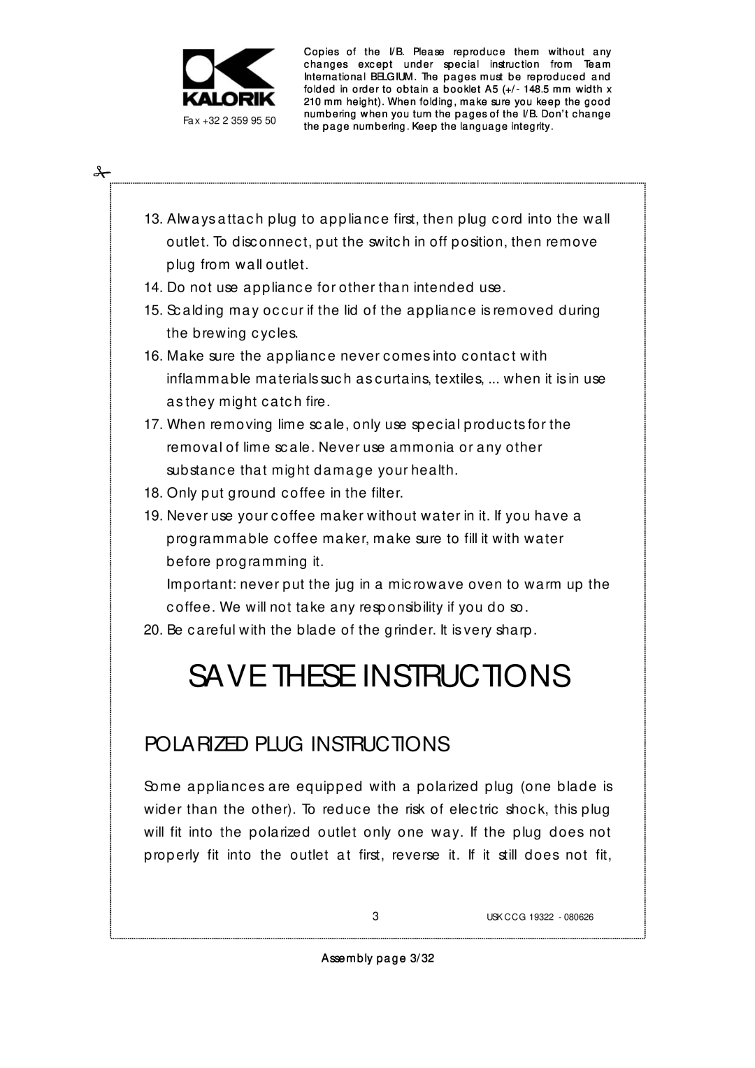 Kalorik USK CCG 19322, USK CCG080626 manual Save These Instructions, Polarized Plug Instructions 