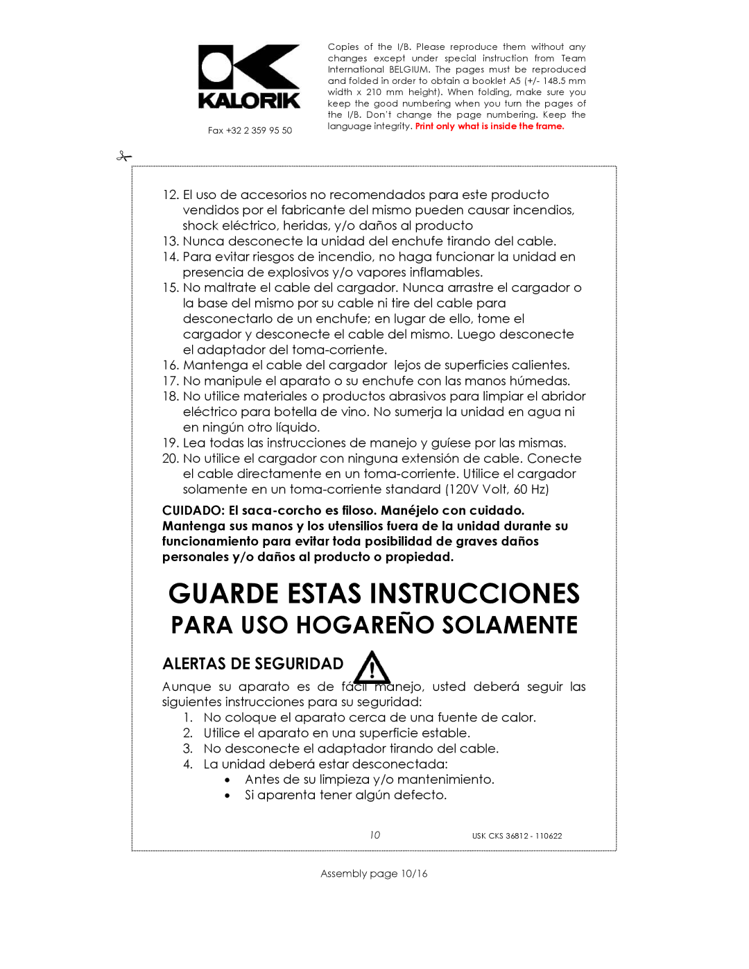 Kalorik USK CKS 36812 manual Guarde Estas Instrucciones, Alertas DE Seguridad, Assembly page 10/16 