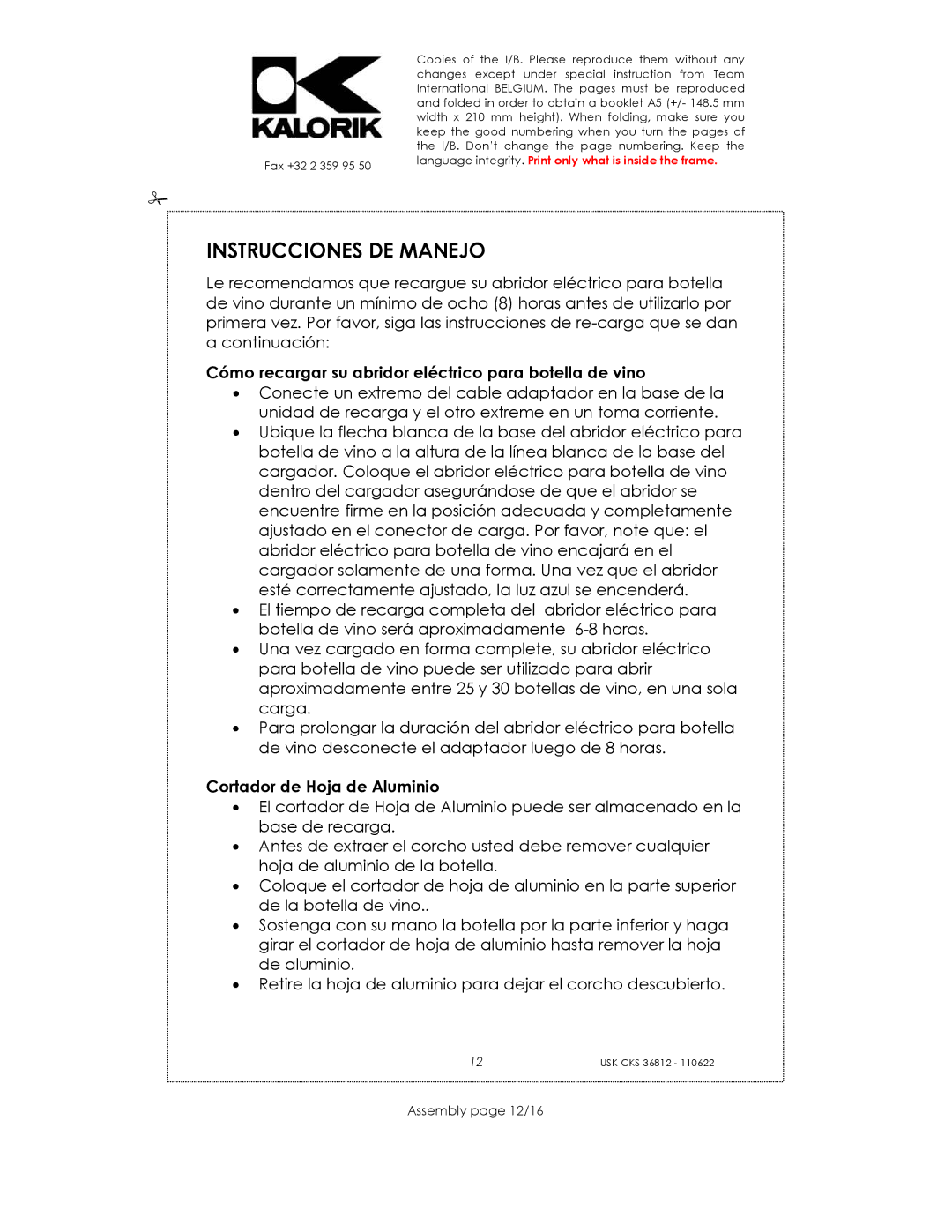 Kalorik USK CKS 36812 manual Instrucciones DE Manejo, Cómo recargar su abridor eléctrico para botella de vino 