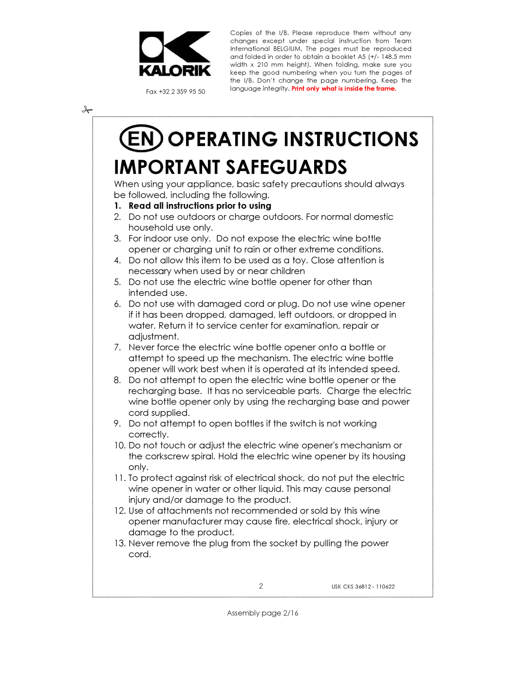 Kalorik USK CKS 36812 manual Important Safeguards, Read all instructions prior to using, Assembly page 2/16 